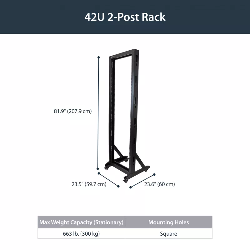 Rack de servidor StarTech.com 2 postes 42U móvel de estrutura aberta, rack de rede 19 polegadas de dois postes com rodas, rack aberto móvel para equipamento AV/dados/média/IT, rack de computador para casa/escritório - rodas incluídas