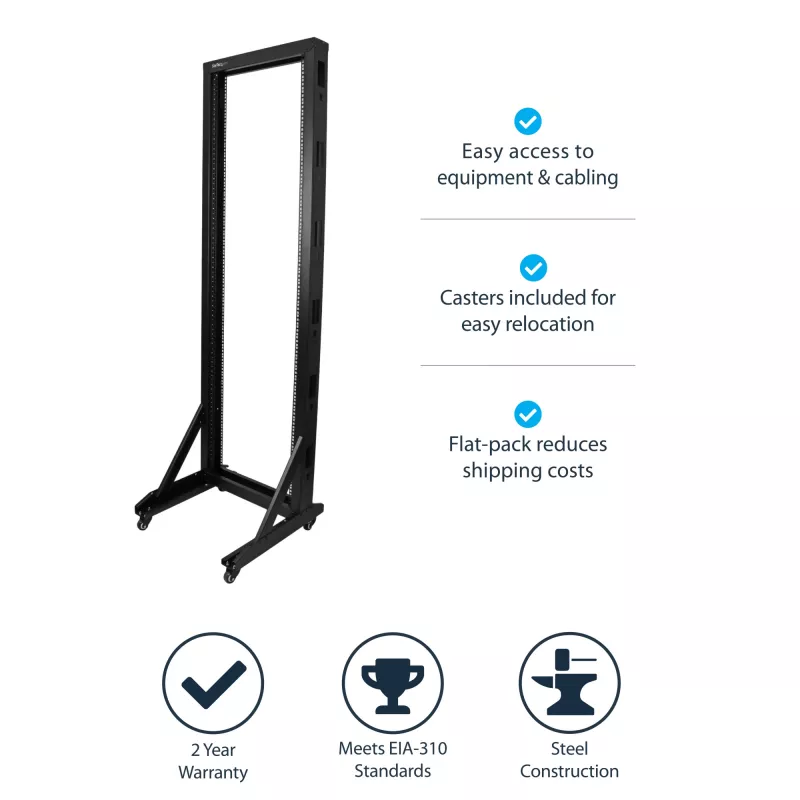 Rack de servidor StarTech.com 2 postes 42U móvel de estrutura aberta, rack de rede 19 polegadas de dois postes com rodas, rack aberto móvel para equipamento AV/dados/média/IT, rack de computador para casa/escritório - rodas incluídas