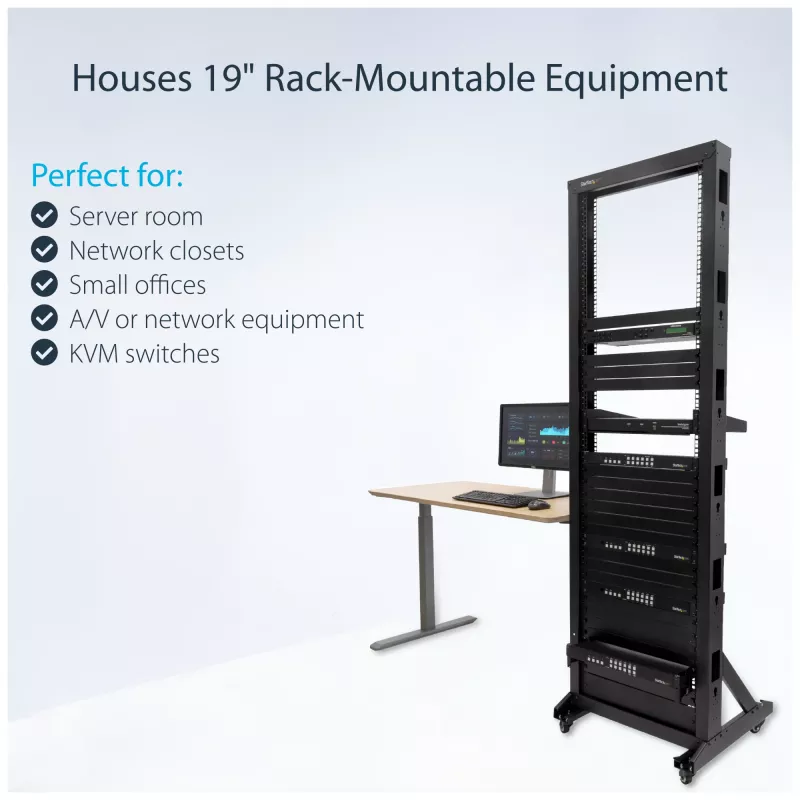Rack de servidor StarTech.com 2 postes 42U móvel de estrutura aberta, rack de rede 19 polegadas de dois postes com rodas, rack aberto móvel para equipamento AV/dados/média/IT, rack de computador para casa/escritório - rodas incluídas