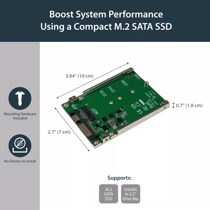 Adaptador StarTech.com M.2 SATA SSD para 2,5 polegadas SATA - conversor M.2 NGFF para SATA - 7mm - suporte open-frame - adaptador para disco M2