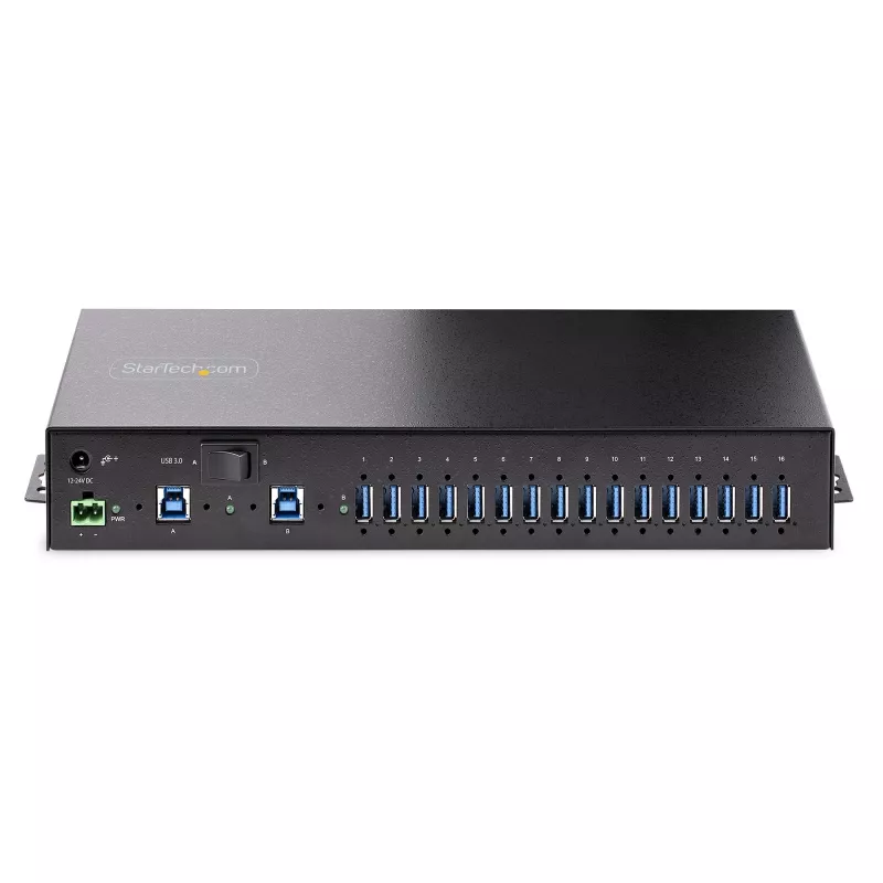 Hub USB 3.0 industrial de 16 portas StarTech.com 5Gbps, metal, montagem DIN/em superfície/em rack, proteção ESD, alimentação por bloco de terminais, até 120 W de carregamento USB partilhado, hub/switch dual-host