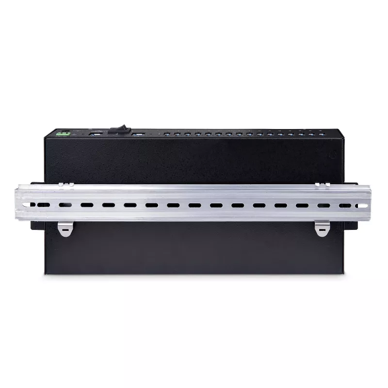Hub USB 3.0 industrial de 16 portas StarTech.com 5Gbps, metal, montagem DIN/em superfície/em rack, proteção ESD, alimentação por bloco de terminais, até 120 W de carregamento USB partilhado, hub/switch dual-host