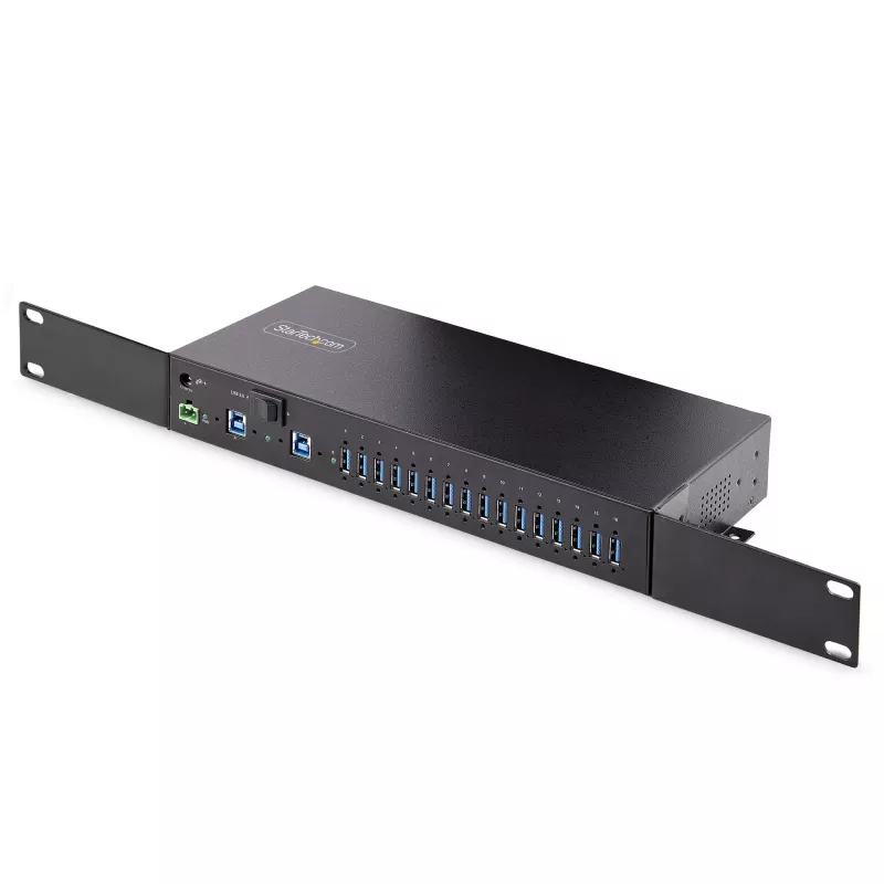 Hub USB 3.0 industrial de 16 portas StarTech.com 5Gbps, metal, montagem DIN/em superfície/em rack, proteção ESD, alimentação por bloco de terminais, até 120 W de carregamento USB partilhado, hub/switch dual-host