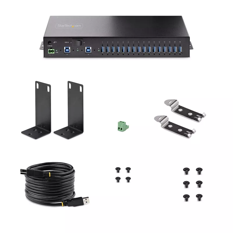 Hub USB 3.0 industrial de 16 portas StarTech.com 5Gbps, metal, montagem DIN/em superfície/em rack, proteção ESD, alimentação por bloco de terminais, até 120 W de carregamento USB partilhado, hub/switch dual-host