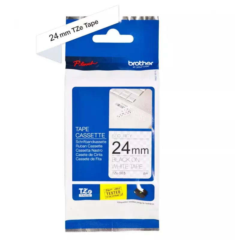 Fita de etiquetar Brother TZE-SE5 — 24 mm x 8 m, preto sobre branco