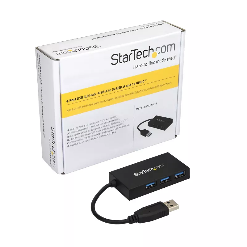 Hub USB 3.0 de 4 portas StarTech.com - Hub USB Type-A com 1x USB-C e 3x portas USB-A (SuperSpeed 5 Gbit/s) - Alimentação por barramento USB - Hub adaptador USB 3.1 Gen 1 - Hub USB portátil/para portátil