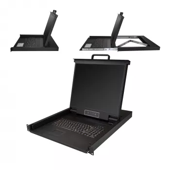 Consola KVM StarTech.com para rack – KVM VGA de porta única com monitor LCD de 19 polegadas para armário de servidor – Gaveta KVM LCD universal 1HE totalmente equipada com cabos e hardware – Suporte USB – 50.000 MTBF