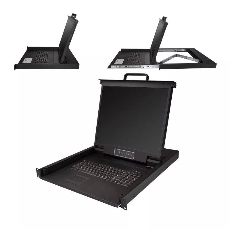 Consola KVM StarTech.com para rack – KVM VGA de porta única com monitor LCD de 19 polegadas para armário de servidor – Gaveta KVM LCD universal 1HE totalmente equipada com cabos e hardware – Suporte USB – 50.000 MTBF