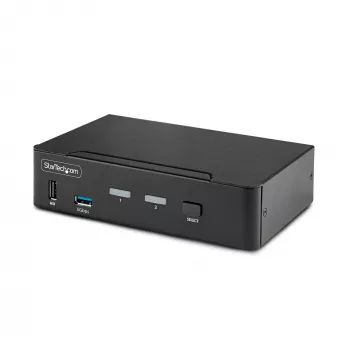 Comutador KVM DisplayPort de 2 portas StarTech.com, 8K 60Hz / 4K 144Hz, ecrã único, DP 1.4, 2x portas USB 3.0, 4x portas USB 2.0 HID, comutação por botões e teclas de atalho, em conformidade com TAA - independente do sistema operativo, caixa metálica