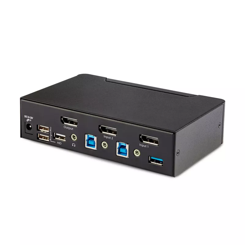 Comutador KVM DisplayPort de 2 portas StarTech.com, 8K 60Hz / 4K 144Hz, ecrã único, DP 1.4, 2x portas USB 3.0, 4x portas USB 2.0 HID, comutação por botões e teclas de atalho, em conformidade com TAA - independente do sistema operativo, caixa metálica