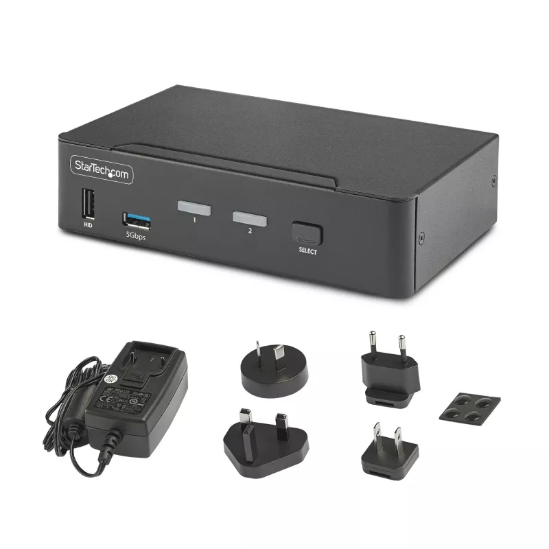 Comutador KVM DisplayPort de 2 portas StarTech.com, 8K 60Hz / 4K 144Hz, ecrã único, DP 1.4, 2x portas USB 3.0, 4x portas USB 2.0 HID, comutação por botões e teclas de atalho, em conformidade com TAA - independente do sistema operativo, caixa metálica