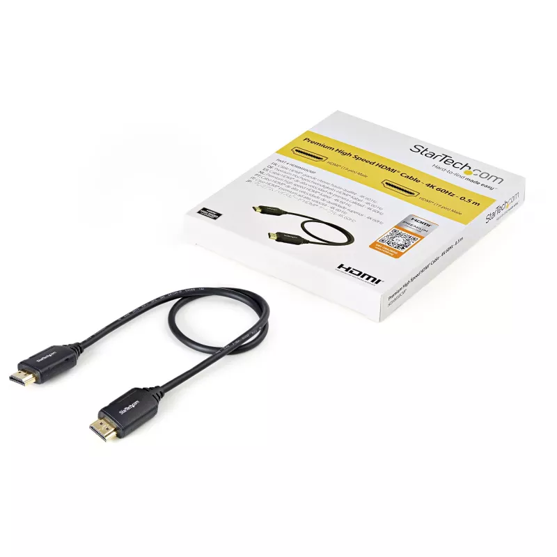 StarTech.com HDMM50CMP cabo HDMI 2.0 Premium High Speed com Ethernet, 4K 60 Hz, HDR, HDMI (macho) para HDMI (macho), 0,5 m, preto