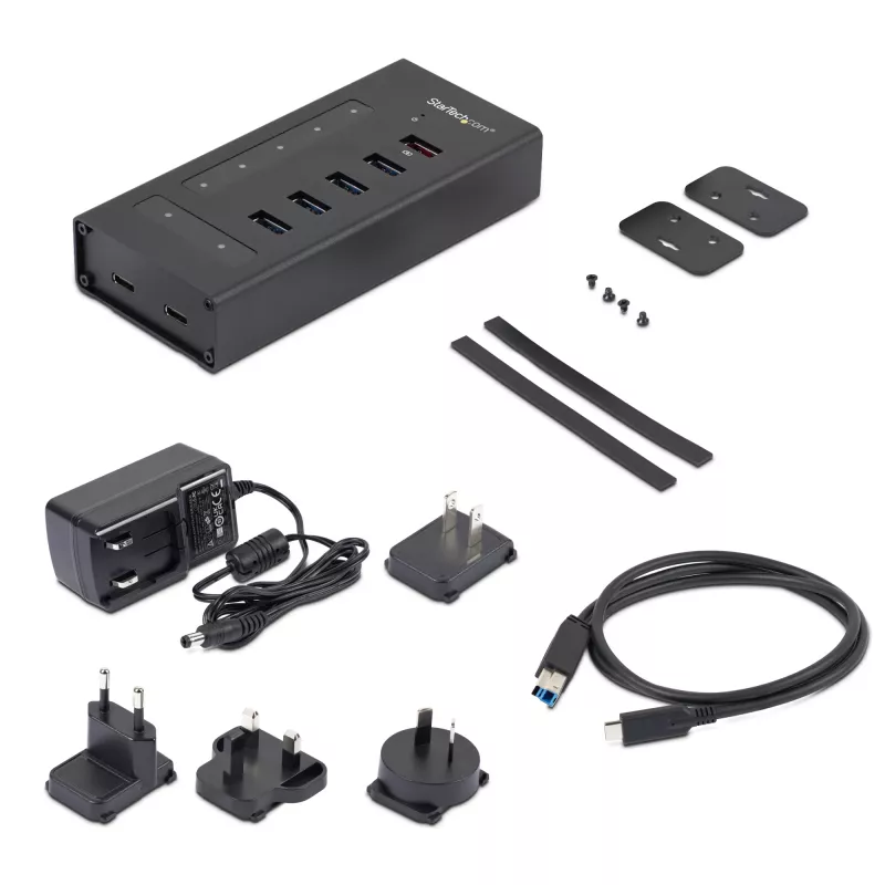 StarTech.com HB30C5A2CST hub USB 3.0 de 7 portas, USB-C para 5x USB-A e 2x USB-C, porta de carregamento rápido, industrial, em metal