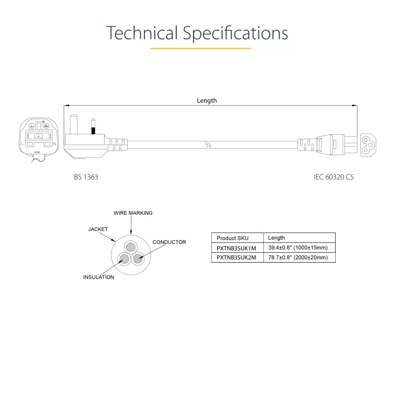 Cabo de alimentação para portátil UK StarTech.com 3ft (1 m), BS 1363 para C5 (trevo), 2,5A 250V, 18AWG, cabo de substituição para portátil UK, cabo de alimentação para impressora, cabo de carregamento para portátil, cabo de fonte de alimentação para portátil