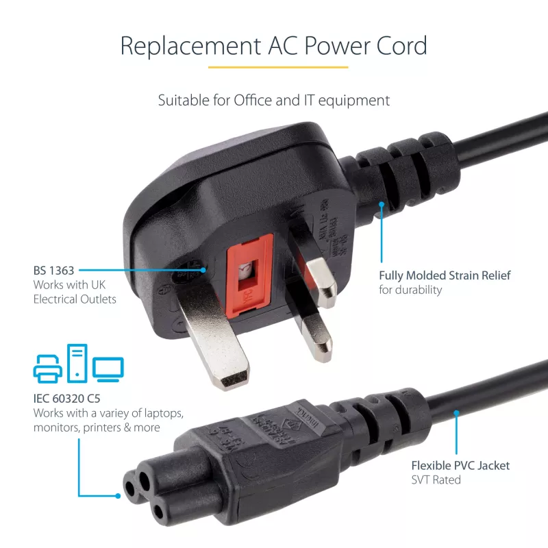 Cabo de alimentação para portátil UK StarTech.com 3ft (1 m), BS 1363 para C5 (trevo), 2,5A 250V, 18AWG, cabo de substituição para portátil UK, cabo de alimentação para impressora, cabo de carregamento para portátil, cabo de fonte de alimentação para portátil