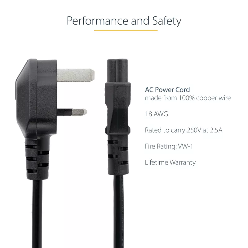 Cabo de alimentação para portátil UK StarTech.com 3ft (1 m), BS 1363 para C5 (trevo), 2,5A 250V, 18AWG, cabo de substituição para portátil UK, cabo de alimentação para impressora, cabo de carregamento para portátil, cabo de fonte de alimentação para portátil