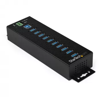 Hub USB 3.0 de 10 portas StarTech.com com fonte de alimentação – Hub USB-A industrial de metal com proteção ESD e contra sobretensão de 350 W – Montagem em calha DIN/parede/mesa – Hub High-Speed USB 3.2 Gen 1 (5 Gbit/s)