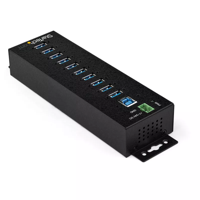 Hub USB 3.0 de 10 portas StarTech.com com fonte de alimentação – Hub USB-A industrial de metal com proteção ESD e contra sobretensão de 350 W – Montagem em calha DIN/parede/mesa – Hub High-Speed USB 3.2 Gen 1 (5 Gbit/s)