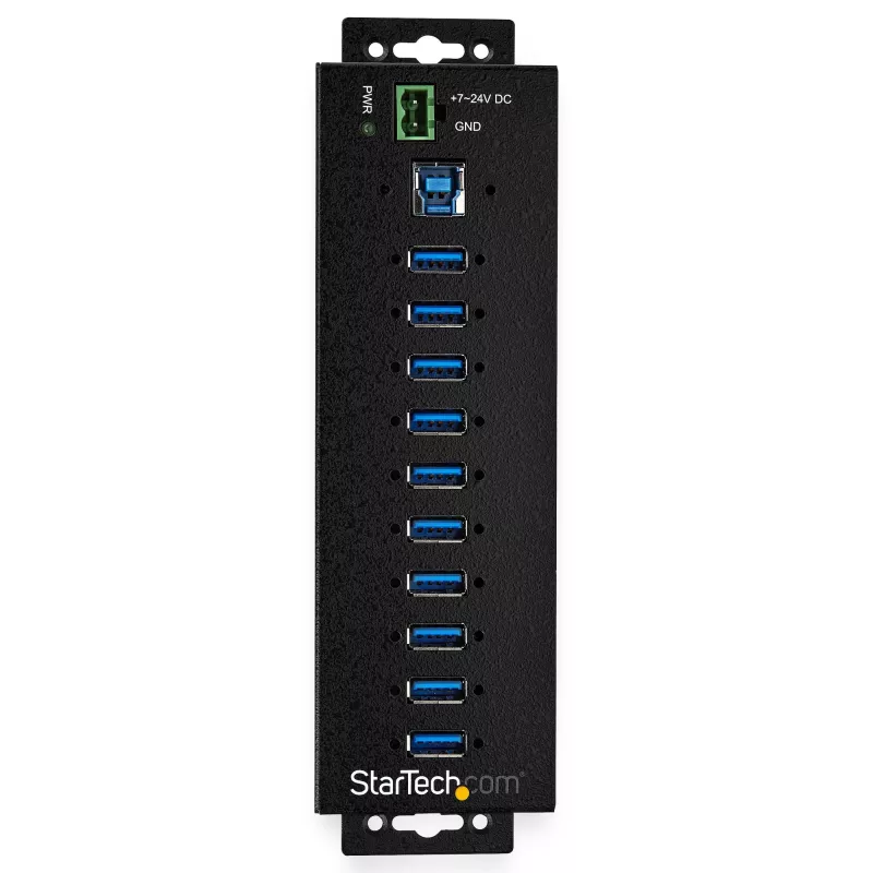 Hub USB 3.0 de 10 portas StarTech.com com fonte de alimentação – Hub USB-A industrial de metal com proteção ESD e contra sobretensão de 350 W – Montagem em calha DIN/parede/mesa – Hub High-Speed USB 3.2 Gen 1 (5 Gbit/s)