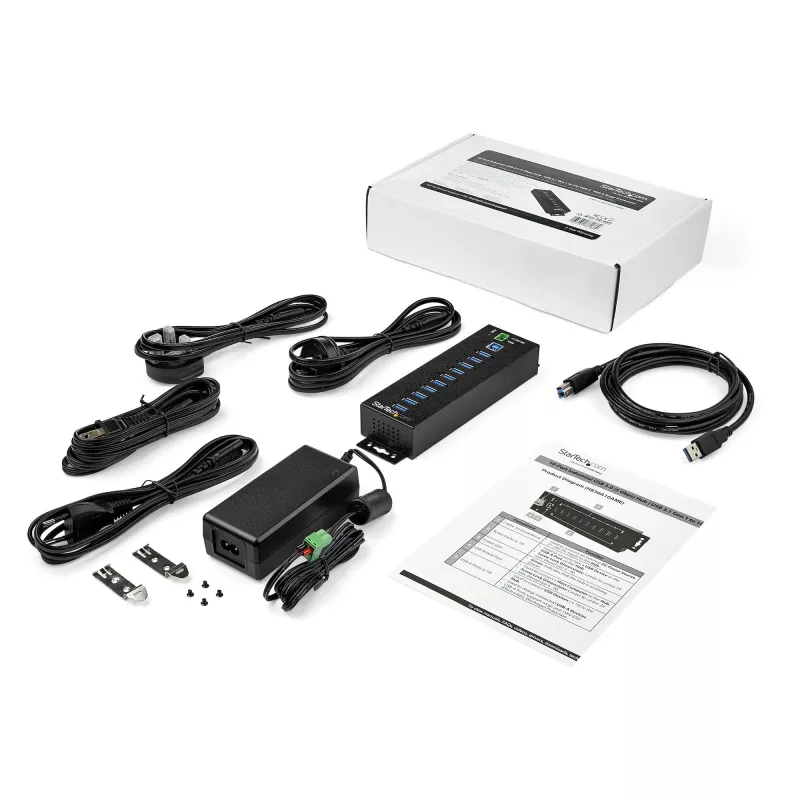 Hub USB 3.0 de 10 portas StarTech.com com fonte de alimentação – Hub USB-A industrial de metal com proteção ESD e contra sobretensão de 350 W – Montagem em calha DIN/parede/mesa – Hub High-Speed USB 3.2 Gen 1 (5 Gbit/s)