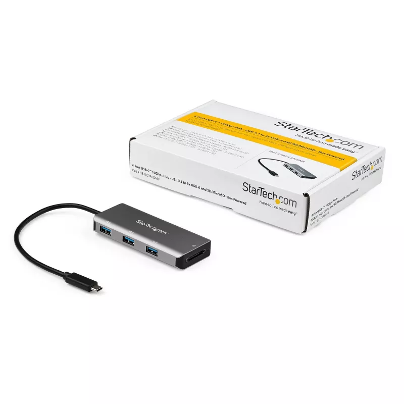 StarTech.com HB31C3ASDMB hub USB-C de 3 portas com leitor de cartões SD, 3x USB-A, 10 Gbps, USB 3.1, alimentado pelo barramento, cabo de 25 cm, compatível com Thunderbolt 3