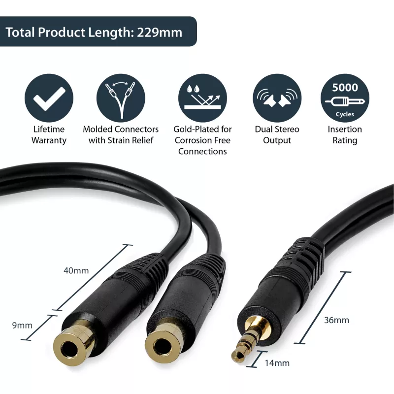 Cabo divisor estéreo StarTech.com 15 cm – ficha de 3,5 mm para 2x conector fêmea de 3,5 mm