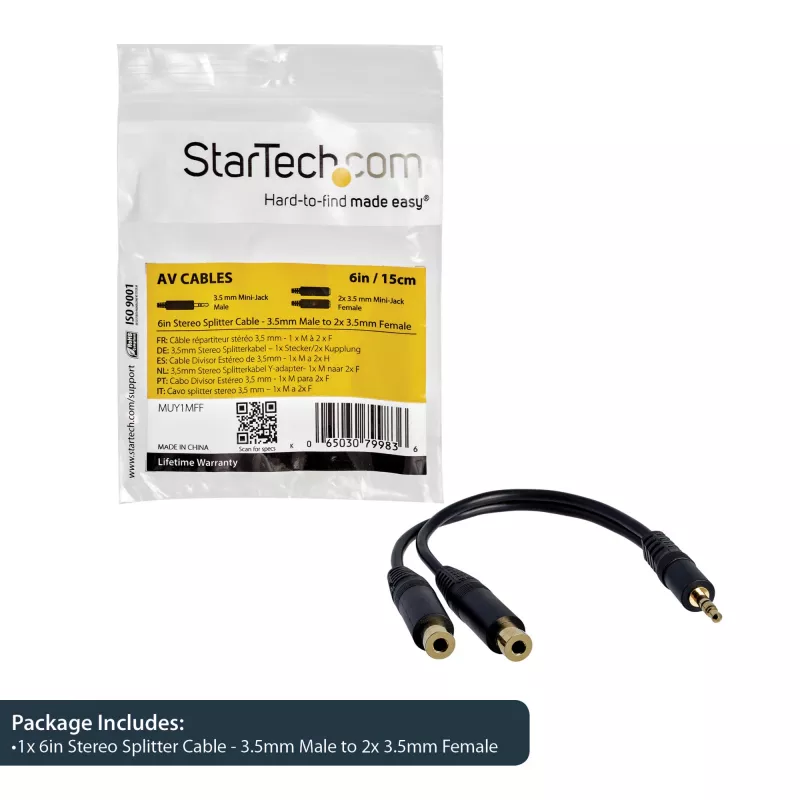 Cabo divisor estéreo StarTech.com 15 cm – ficha de 3,5 mm para 2x conector fêmea de 3,5 mm