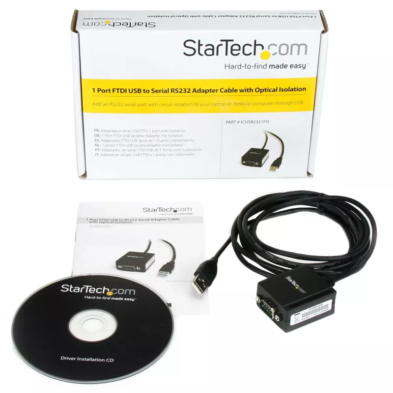 StarTech.com ICUSB2321FIS cabo adaptador série FTDI de USB para RS232 DB9 de 1 porta, isolado oticamente, 2,5 m, preto