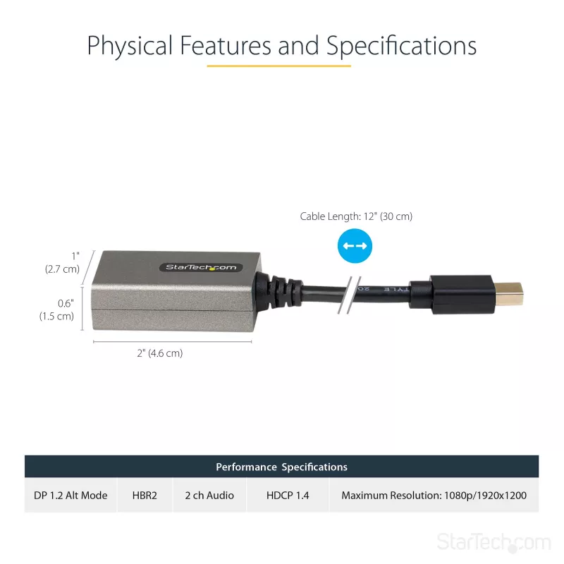 Adaptador StarTech.com Mini DisplayPort para HDMI - adaptador dongle mDP para HDMI - 1080p - Mini DisplayPort 1.2 para monitor/ecrã HDMI - conversor de vídeo Mini DP para HDMI - cabo acoplado de 30 cm - versão atualizada do MDP2HDMI
