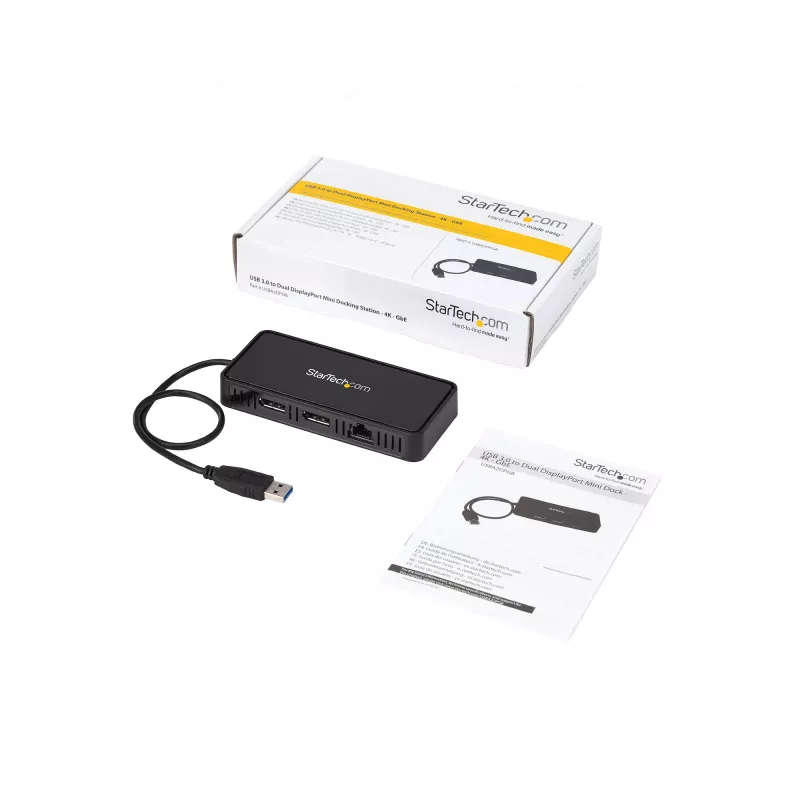 Mini-dock USB 3.0 StarTech.com – docking station USB-A de monitor duplo com vídeo DisplayPort 4K 60Hz e Gigabit Ethernet – cabo de 30 cm – adaptador portátil USB 3.1 Gen 1 Type-A para portátil