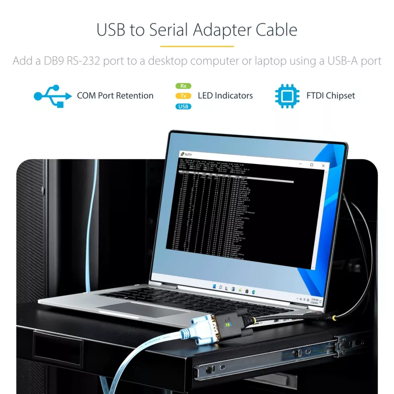 Cabo adaptador StarTech.com 3 m USB para série, retenção COM, parafusos/porcas substituíveis, USB-A para DB9 RS232, CI FTDI, proteção ESD, Windows/macOS/Linux
