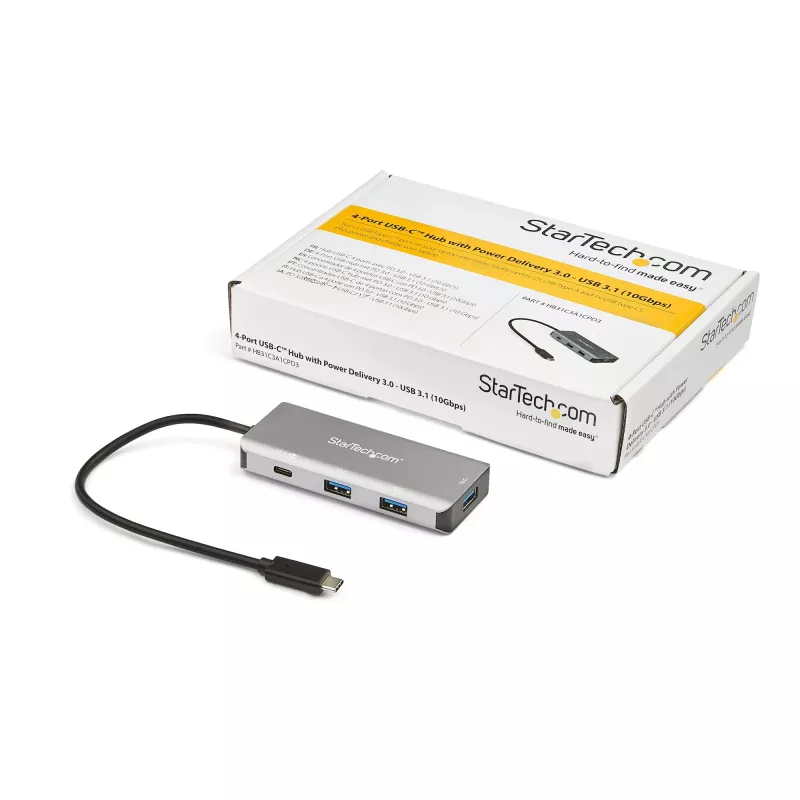 StarTech.com HB31C3A1CPD3 hub USB-C de 4 portas, 10 Gbps, 3x USB-A e 1x USB-C, passagem de carga Power Delivery de 100 W, cabo de 25 cm, compatível com Thunderbolt 3