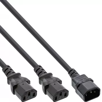 Cabo de alimentação em Y InLine tipo F alemão 1x IEC-C14 para 2x IEC-C13 1m