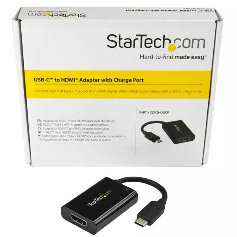 Adaptador StarTech.com USB-C para HDMI 2.0 com Power Delivery - Conversor de vídeo USB Type-C para HDMI 4K 60Hz - Porta de carregamento pass-through 60W PD - Compatível com Thunderbolt 3 - Preto