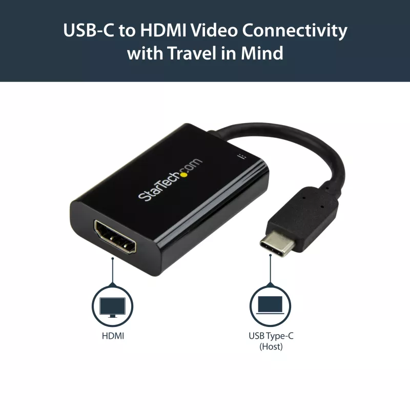 Adaptador StarTech.com USB-C para HDMI 2.0 com Power Delivery - Conversor de vídeo USB Type-C para HDMI 4K 60Hz - Porta de carregamento pass-through 60W PD - Compatível com Thunderbolt 3 - Preto