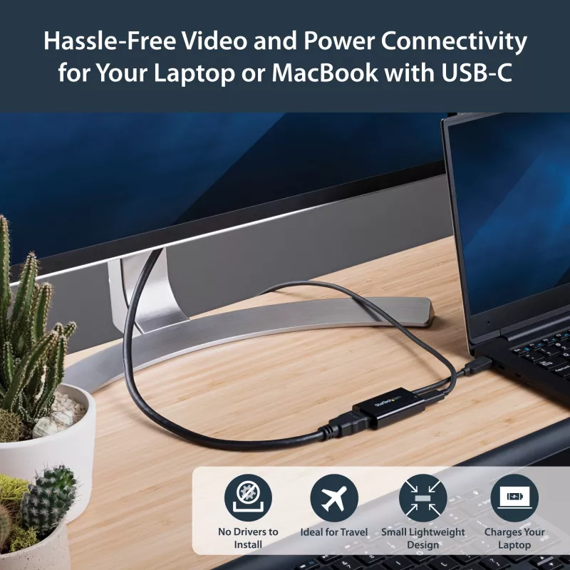 Adaptador StarTech.com USB-C para HDMI 2.0 com Power Delivery - Conversor de vídeo USB Type-C para HDMI 4K 60Hz - Porta de carregamento pass-through 60W PD - Compatível com Thunderbolt 3 - Preto