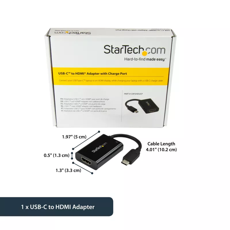 Adaptador StarTech.com USB-C para HDMI 2.0 com Power Delivery - Conversor de vídeo USB Type-C para HDMI 4K 60Hz - Porta de carregamento pass-through 60W PD - Compatível com Thunderbolt 3 - Preto