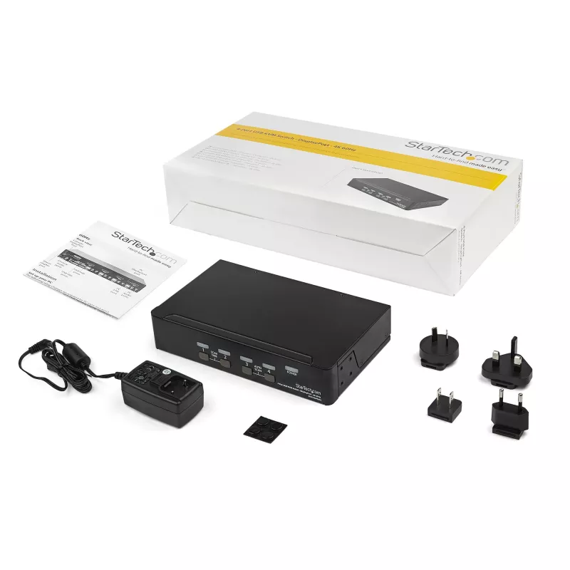 Comutador KVM DisplayPort de 4 portas StarTech.com – 4K 60 Hz – ecrã único – comutador KVM USB DP 1.2 UHD de porta dupla com hub USB 2.0 e áudio integrados – Dell, HP, Apple, Lenovo – conforme TAA