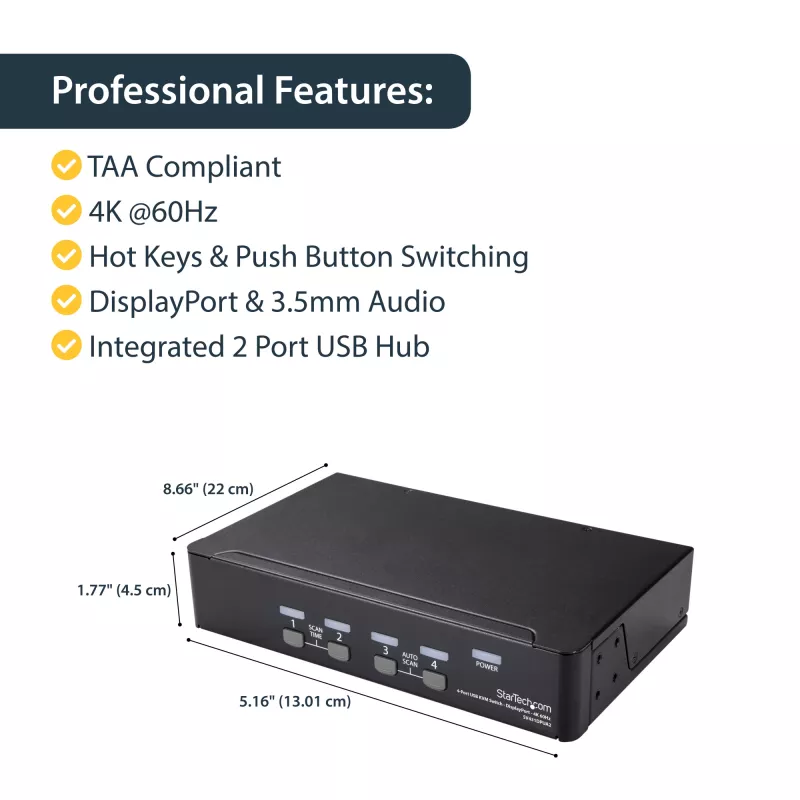 Comutador KVM DisplayPort de 4 portas StarTech.com – 4K 60 Hz – ecrã único – comutador KVM USB DP 1.2 UHD de porta dupla com hub USB 2.0 e áudio integrados – Dell, HP, Apple, Lenovo – conforme TAA