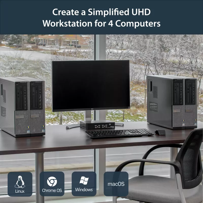 Comutador KVM DisplayPort de 4 portas StarTech.com – 4K 60 Hz – ecrã único – comutador KVM USB DP 1.2 UHD de porta dupla com hub USB 2.0 e áudio integrados – Dell, HP, Apple, Lenovo – conforme TAA