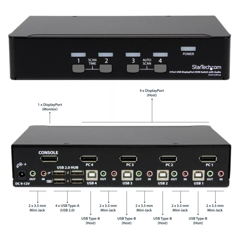 Comutador KVM DisplayPort de 4 portas StarTech.com – 4K 60 Hz – ecrã único – comutador KVM USB DP 1.2 UHD de porta dupla com hub USB 2.0 e áudio integrados – Dell, HP, Apple, Lenovo – conforme TAA