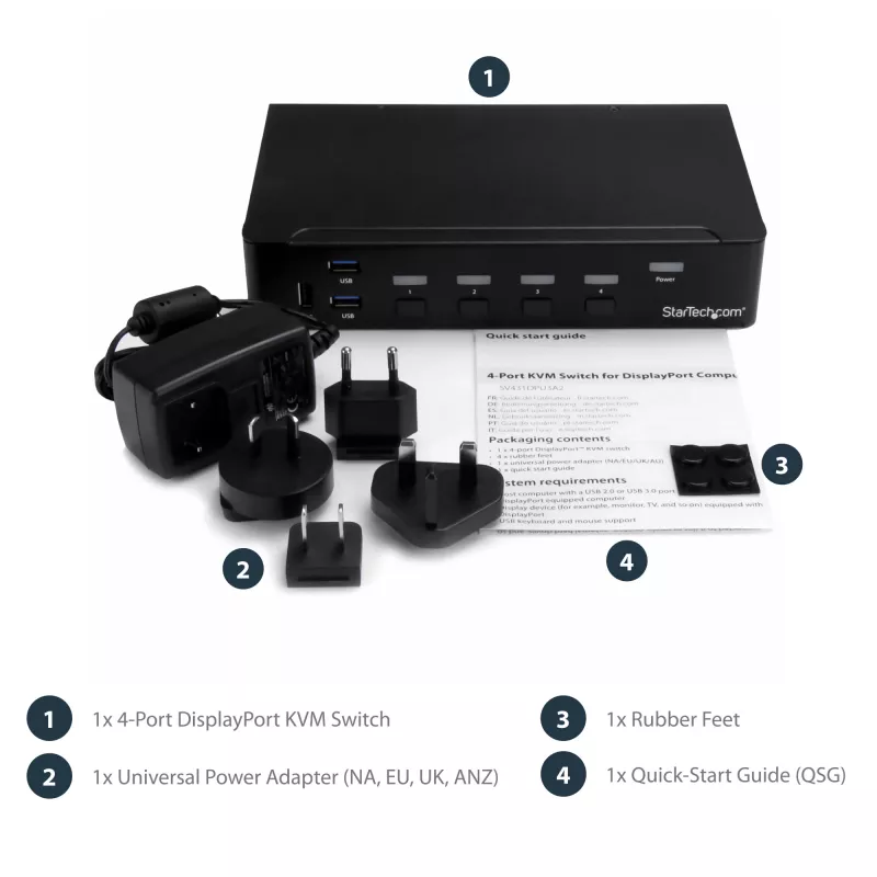 Comutador KVM DisplayPort de 4 portas StarTech.com – 4K 60 Hz – ecrã único – comutador KVM USB DP 1.2 UHD de porta dupla com hub USB 2.0 e áudio integrados – Dell, HP, Apple, Lenovo – conforme TAA