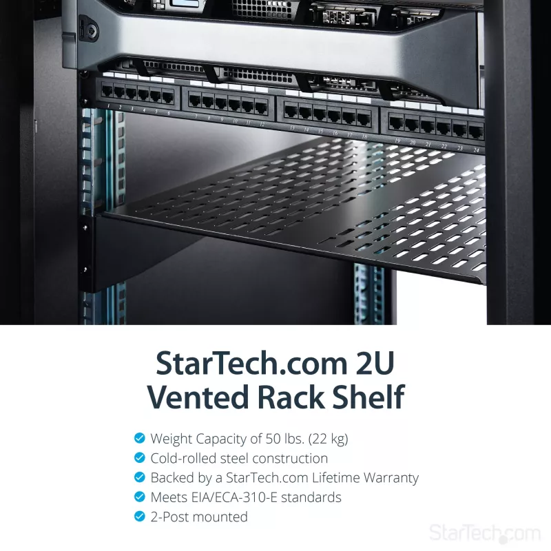 StarTech.com CABSHELF22V prateleira fixa ventilada 2U para rack de servidor, 19″, 22″ (55,9 cm) de profundidade, até 22 kg, aço, preta