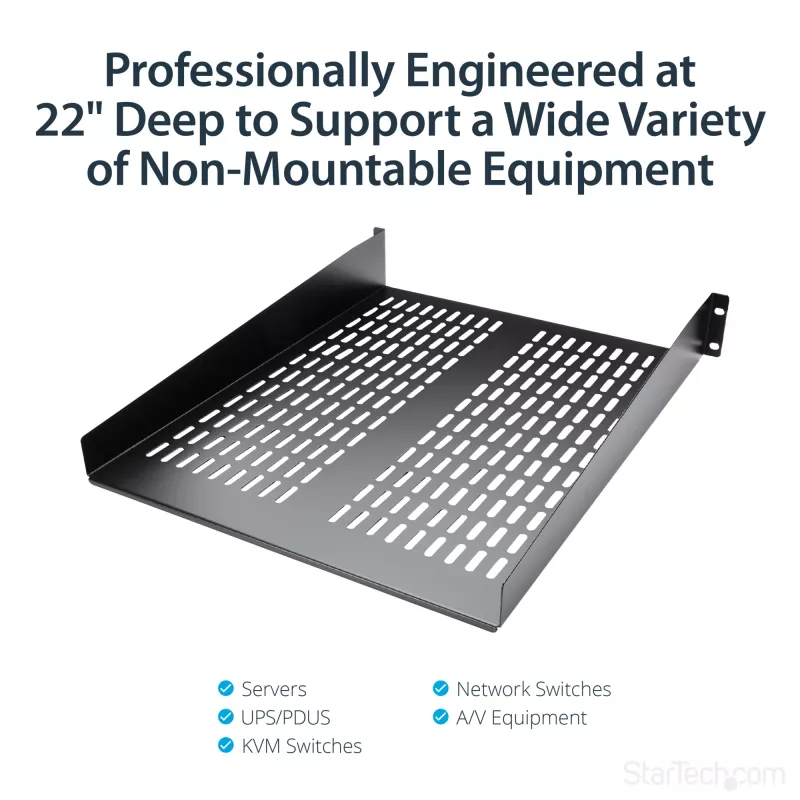 StarTech.com CABSHELF22V prateleira fixa ventilada 2U para rack de servidor, 19″, 22″ (55,9 cm) de profundidade, até 22 kg, aço, preta