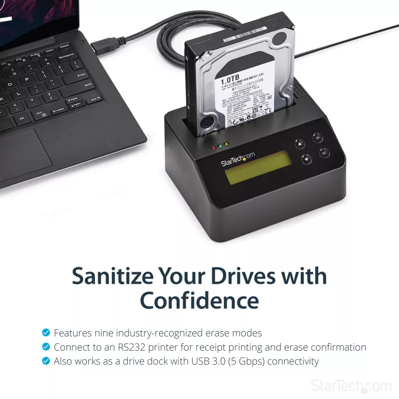 Apagador de disco rígido de baía única StarTech.com, sanitizador HDD/SSD autónomo, USB 3.0 para SATA II (3 Gbit/s), 9 modos de apagamento, visor LCD, dock sanitizador de disco rígido com apagamento seguro, porta de impressora DB-9, conforme TAA