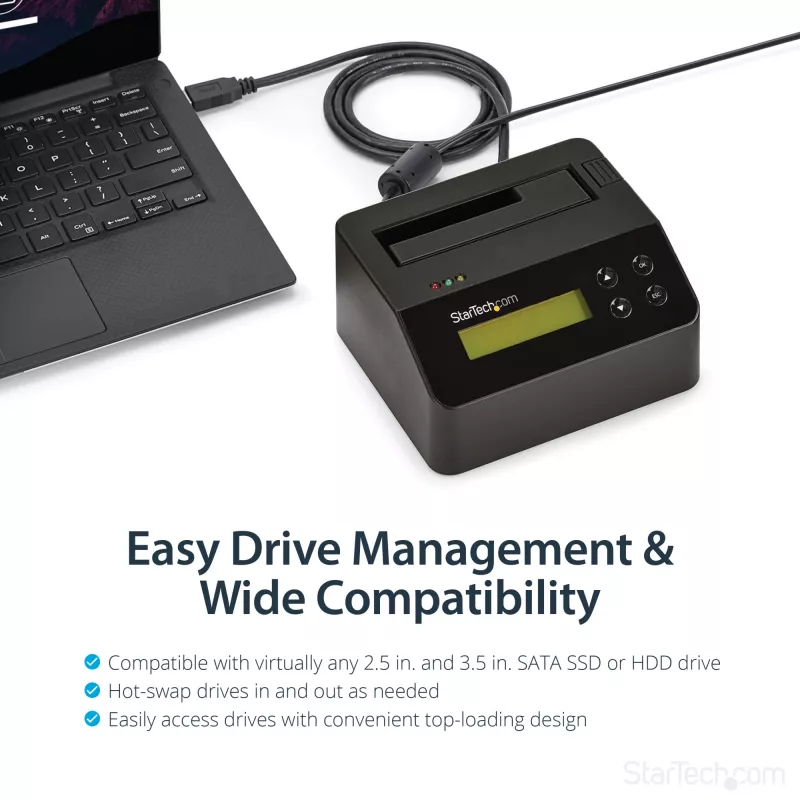 Apagador de disco rígido de baía única StarTech.com, sanitizador HDD/SSD autónomo, USB 3.0 para SATA II (3 Gbit/s), 9 modos de apagamento, visor LCD, dock sanitizador de disco rígido com apagamento seguro, porta de impressora DB-9, conforme TAA