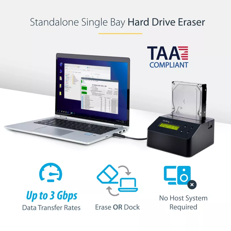 Apagador de disco rígido de baía única StarTech.com, sanitizador HDD/SSD autónomo, USB 3.0 para SATA II (3 Gbit/s), 9 modos de apagamento, visor LCD, dock sanitizador de disco rígido com apagamento seguro, porta de impressora DB-9, conforme TAA