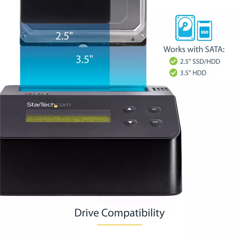 Apagador de disco rígido de baía única StarTech.com, sanitizador HDD/SSD autónomo, USB 3.0 para SATA II (3 Gbit/s), 9 modos de apagamento, visor LCD, dock sanitizador de disco rígido com apagamento seguro, porta de impressora DB-9, conforme TAA
