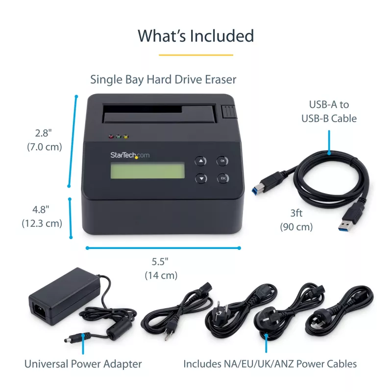 Apagador de disco rígido de baía única StarTech.com, sanitizador HDD/SSD autónomo, USB 3.0 para SATA II (3 Gbit/s), 9 modos de apagamento, visor LCD, dock sanitizador de disco rígido com apagamento seguro, porta de impressora DB-9, conforme TAA