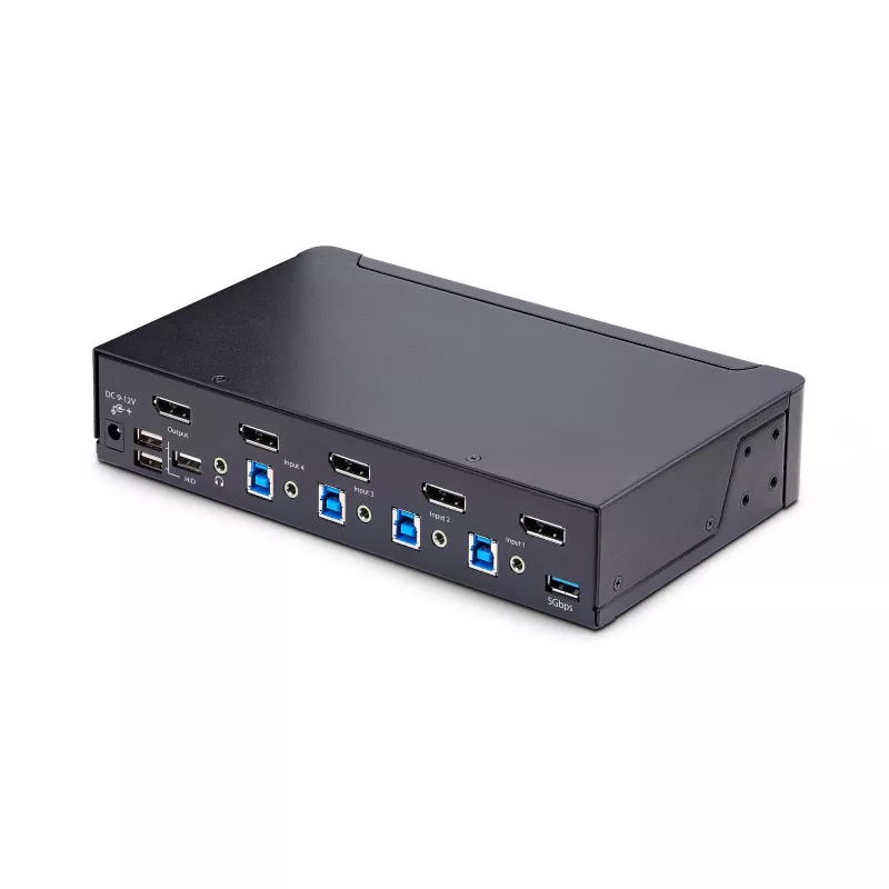 StarTech.com Comutador KVM DisplayPort de 4 portas, 8K 60Hz / 4K 144Hz, ecrã único, DP 1.4, 2 portas USB 3.0, 4 portas USB 2.0 HID, comutação por botão e tecla de atalho, conforme TAA - independente do sistema operativo, caixa metálica